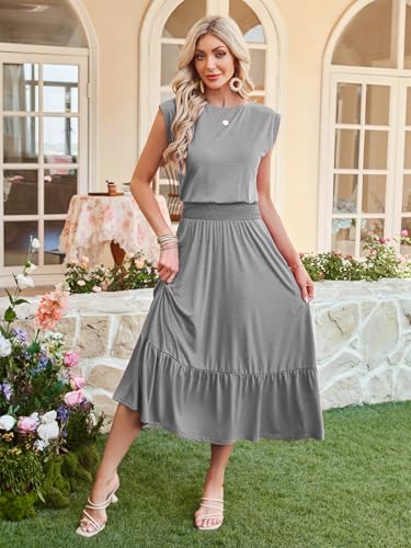 Image of Kikibell Womens Summer Dresses Cap Sleeve Elastic Waist Midi Dress with Pocket Long Causal Sundress Beach Vacation Outfits