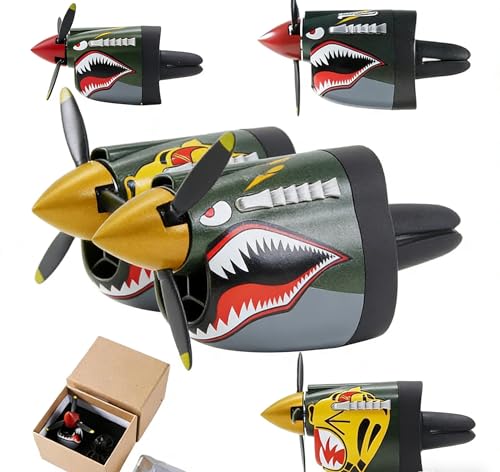 Image of P-40 Fighter Airplane Car Air Freshener with Spinning Propeller, Dashboard Ornament, Shark Tooth Design, Vent Clip Mount, Aviation Theme, Aircraft Dashboard Ornament for Auto Interior Decor Gift (A)