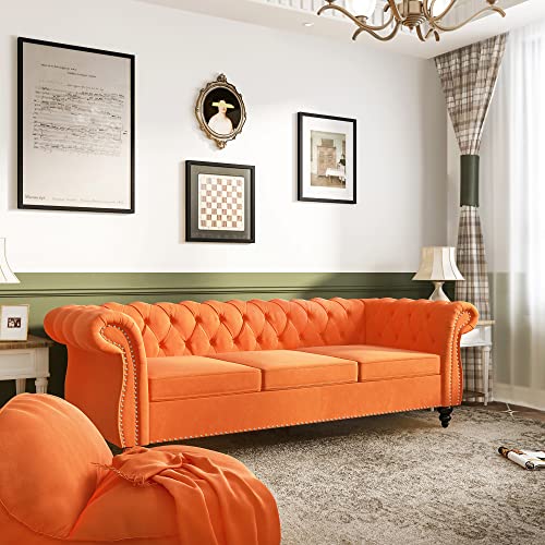 Image of ORRD Chesterfield Sofa Velvet, Modern Tufted Couch 3 Seater with Rolled Arms and Nailhead for Living Room, Bedroom, Office, Apartment (Orange)