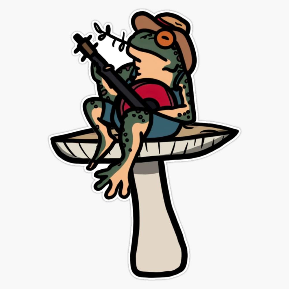 Frog Playing Banjo On A Mushroom Sticker Vinyl Waterproof Sticker Decal Car Laptop Wall Window Bumper Sticker 5"