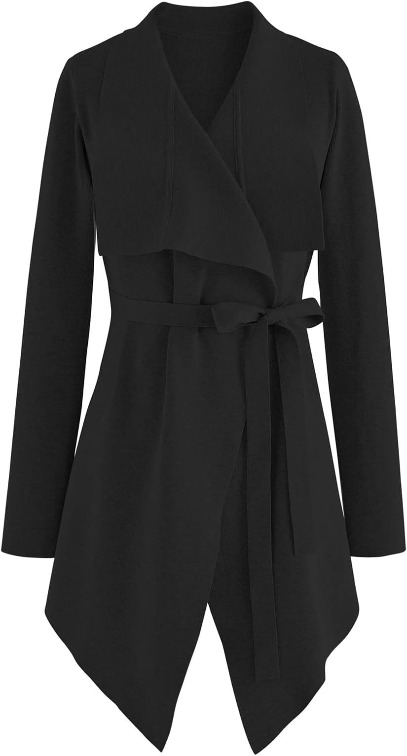 CHICWISHWomen's Wide Lapel Tie Waist Knit Cardigan Coatigan Light Jacket