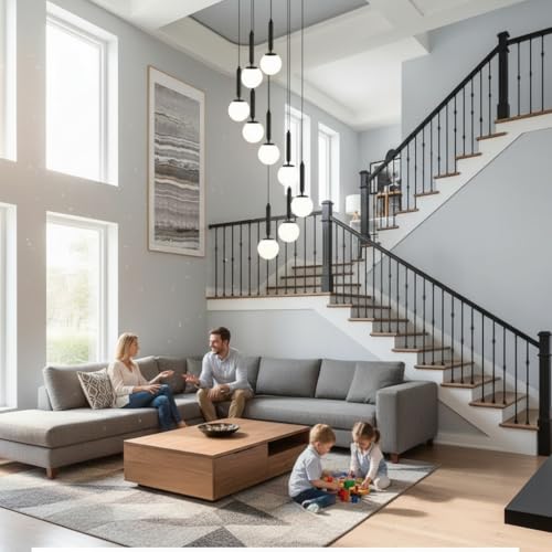 Image of Avior Long Height Chandelier for Staircase, Double Height Jhoomar Hanging Light for Hall Ceiling, Lamp for Living Room, Restaurant (9 Lights Round Cluster Jhoomer|Jhumer, 7.5 Feet Spiral Shape)