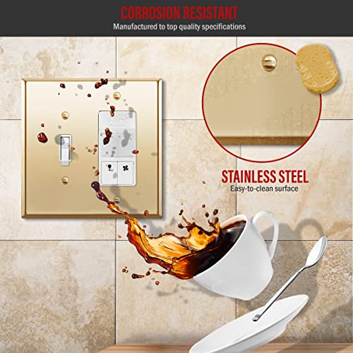Image of ENERLITES Combination Toggle Switch and Decorator Receptacle Metal Wall Plate, Stainless Steel 201 Outlet Cover, Corrosion-Resistant, Mid-Size 2-Gang 4.88 inch x 4.92 inch, 771131M-PB, Polished Brass