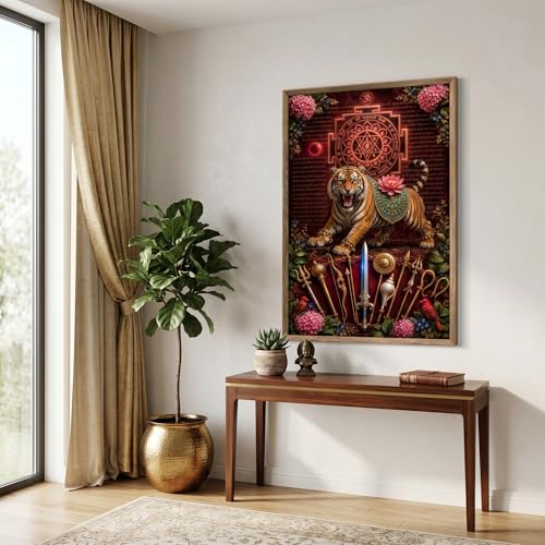 Image of Livin'luxe Durga Maa Tiger Yantra Wall Painting for Living Room Bedroom Pooja Room Decor with Premium Wooden Color Synthetic Frame, Spiritual Hindu Art Gift (13.5 x 19.5) NM01-4089