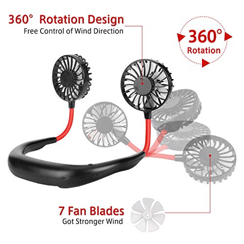 Portable Hanging Neck Sports Fan - Hands Free USB Rechargeable Personal Wearable Neckband Fan Battery Operated with 3 Level Air Flow Headphone Design Cooling Head Fan Mini Necklace Fan for Office