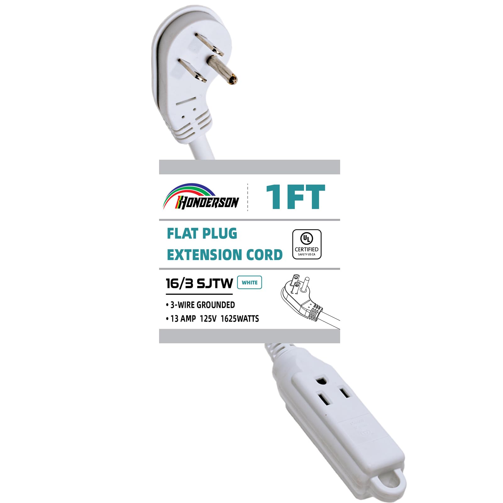 HONDERSON 3-Outlets Flat Plug Indoor Extension Cord Outlet Extender, UL Listed, 16 Gauge 1FT White 3 Prong Heavy Duty, 16/3 SJTW 13A Power Strip
