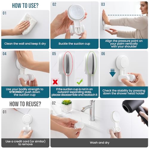 Image of TAILI Shower Head Holder Suction Cup, Handheld Shower Head Bracket, Height Angle Adjustable,Bathroom Showerhead Holder No Drilling Removable Waterproof, White