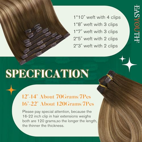 Easyouth Clip in Extensions Real Human Hair Ombre Brown Clips in Human Hair Extension Balayage Brown to Blonde Clip on Real Hair Extensions Natural Looking 20Inch 120g 7Pcs #4/27/4 - Image 3