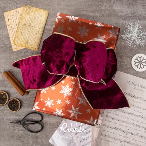 Image of Ribbli Burgundy Velvet Wired Ribbon 4 Inch Metallic Burgundy Gold Crushed Velvet Christmas Ribbon for Gift Wrapping Christmas Tree Decoration Crafts Wreaths Supplies-Continuous 10 Yards