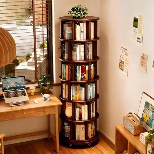 6-Tier Rotating Bookshelf - 360Solid Wood Rotating Bookcase Tower with Wheels - Corner Revolving Bookcase - Spinning Bookshelf for Small Spaces Living Rooms Offices and Kids Rooms (Walnut)