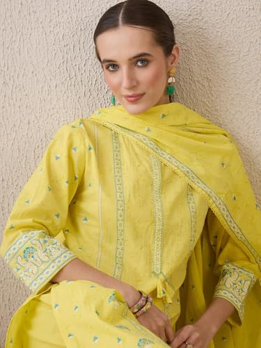 Image of INDO ERA Women's Straight Pure Cotton Ethnic Motifs Printed Kurta & Pant with Dupatta Set (IESTR9770)