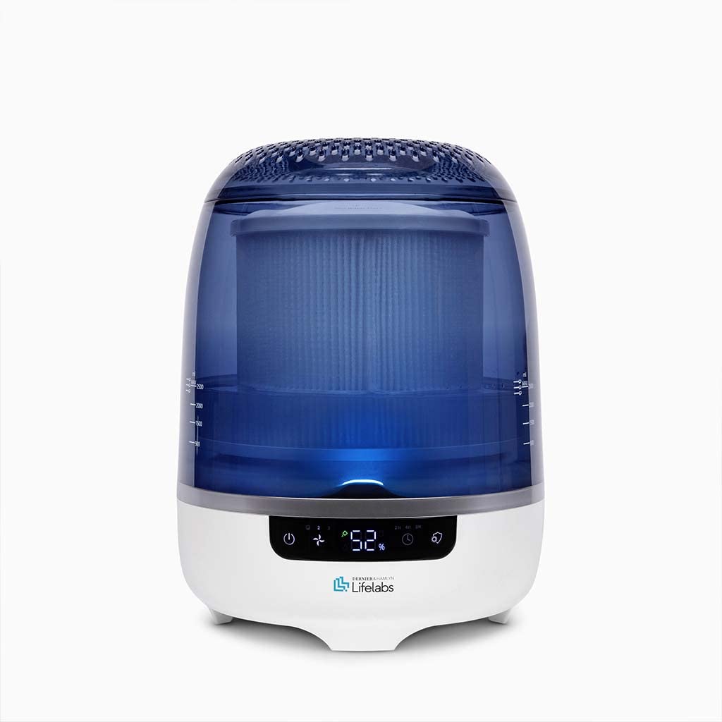 DH LifelabsAaira + Humidifier Hydrating Dry Air Purifier | Eliminates 99.9% Bacteria Viruses Mold | Cleans & Moisturizes Air | Odor Eliminator Smoke Pets Mildew | 538 Sq Ft Large Room Home | Blue