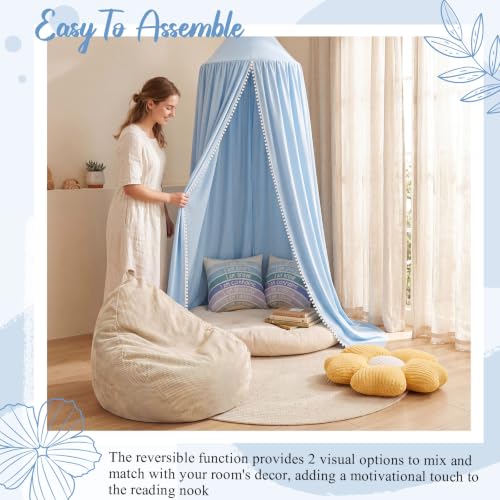 Image of 5 Pcs Reading Nook Set for Kids, Kids Reading Corner Decor with Bean Bag Chair Cover & Throw Pillow Cover(No Filler) Canopy and Flower Pillow for Bedroom Playroom Nursery(Blue)