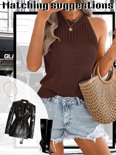 Image of ChiaoLezhee Women's Summer Knit Tank Tops, Racerback High Neck Lightweight Sweater Vest, Dressy Casual Outfits
