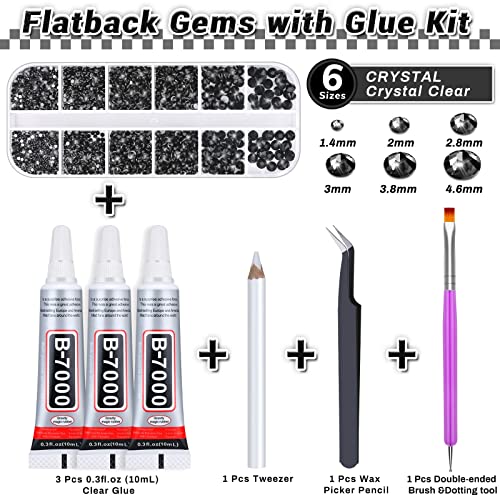 Audab B7000 Jewelry Glue with Rhinestones for Crafts, 2100Pcs Black Rhinestones Flat Back Nail Gems with Pick Up Tweezer Clear Fabric Glue for Clothes Shoes Jewelry Making