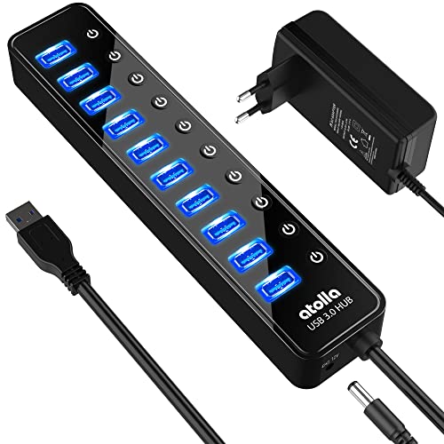 atolla USB Hub Aktiv 3.0 mit Netzteil, 10-Port USB 3.0 Hub mit 30W (12 V/2,5 A) Netzteil Adapter, Mehrfach USB3.0 Daten Verteiler mit LED EIN/Aus-Taste f&uuml;r PC, USB Stick