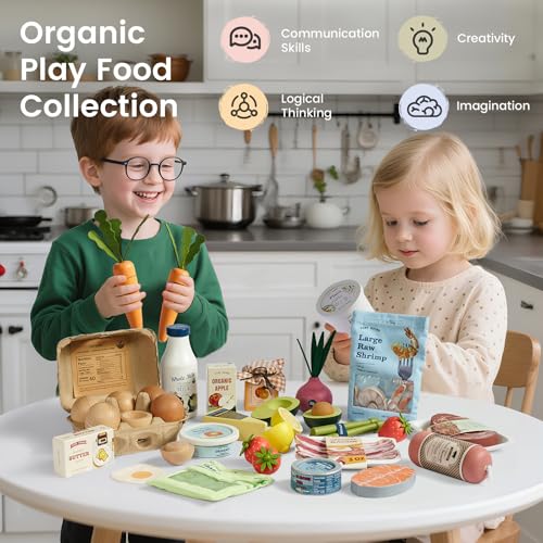 Image of Tiny Land New Modern Wooden Play Kitchen & Seafood Meat Toy Set for Kids