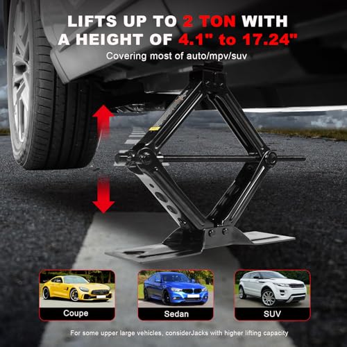 Image of Big RED Car Jack 2Ton /4409 lbs Universal Scissor Jack with Rubber Pad, Portable Tire Changing Kit with Lug Wrench, Emergency Kit for Sedan SUV MPV