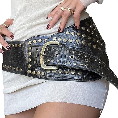 Women Wide Boho Disc Leather Belt Vintage Western Chunky Oval Concho Belt Y2k Grunge Accessories