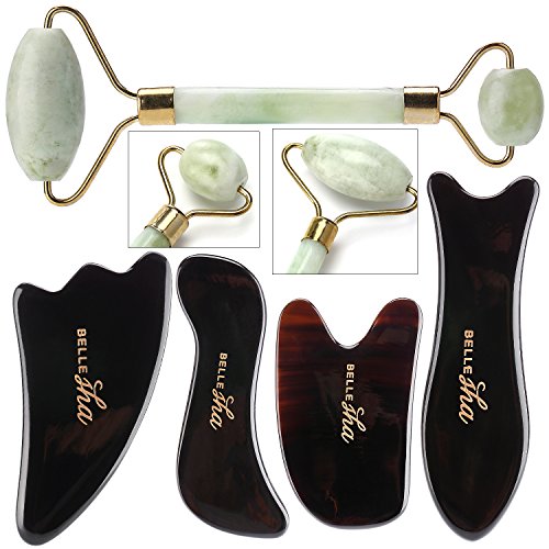 Jade Facial Roller/Gua Sha Combo - Skin Therapy And Beauty Massage Tools - Anti-Aging
