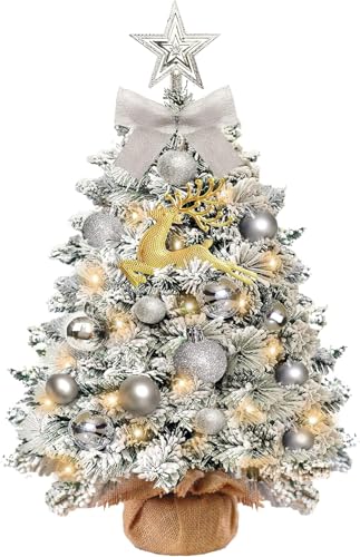 KOIUEYW Árvore de Natal artificial com iluminação, mini árvore de Natal com luzes LED de neve, árvore de Natal artificial, pequena, de plástico, para decoração de Natal, 60 cm