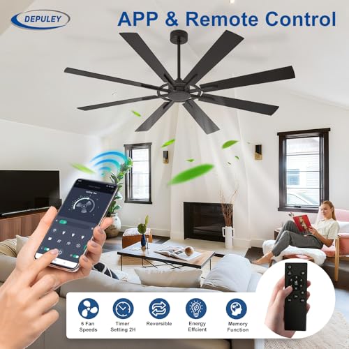 Image of Depuley Ceiling Fan Without Light: 72 Inch Big Indoor Outdoor Fan with Remote APP Control - Black Wood Grain Large Ceiling Fan no Light 8 Blade Reversible Quiet DC Motor Memory Function Timer