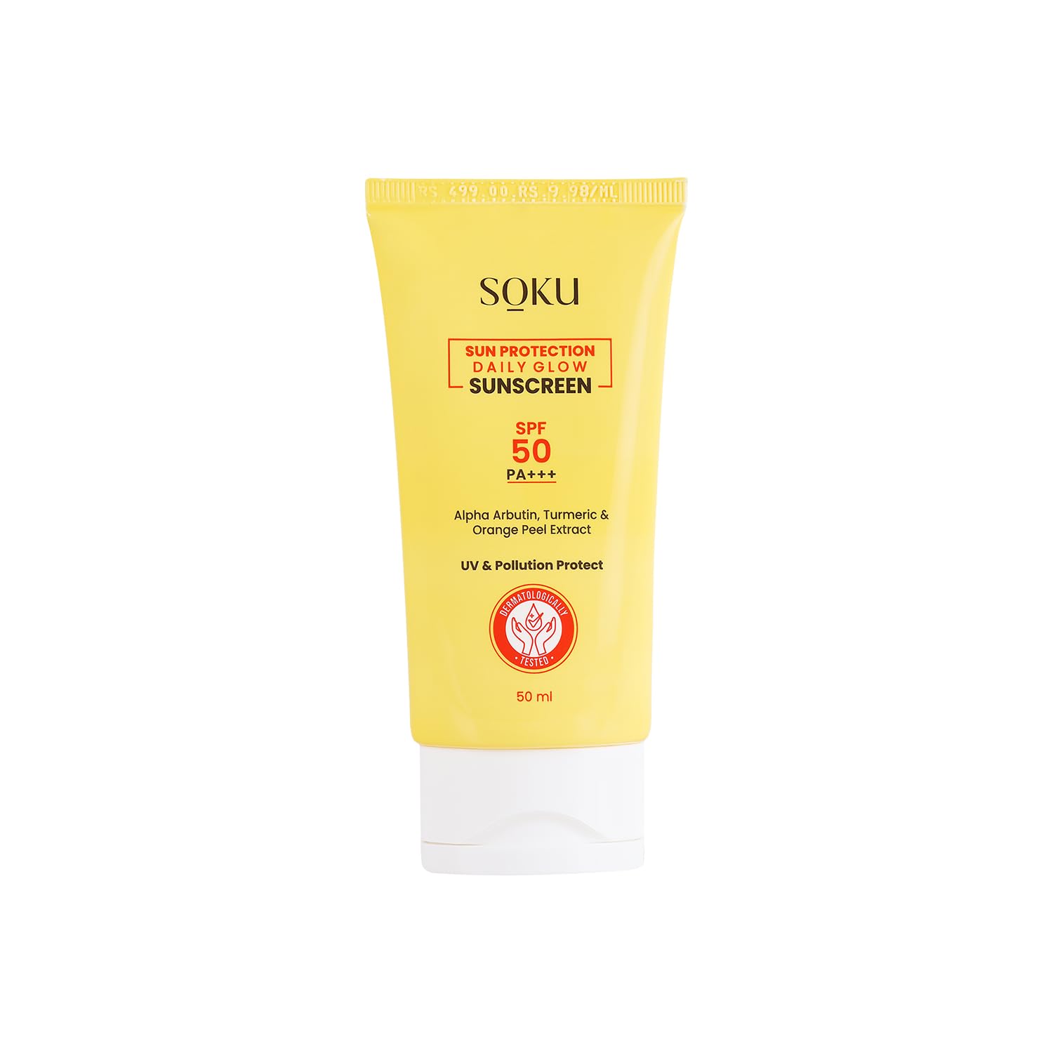 SOKU Sun Protection Daily Glow Sunscreen SPF 50 for All Skin Types | PA++++ with Alpha Arbutin, Turmeric and Orange Extract | For Men & Women | UVA & UVB Filters | No White Cast, Non Greasy (50ml)