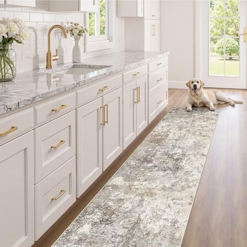2X8 Washable Runner Rug for Hallway: Soft Neutral Modern Abstract Area Rug - Non-Slip Low Pile Long Throw Indoor Carpet for Kitchen Entryway Kitchen Bedroom Laundry- Brown Grey