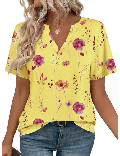 Zeagoo Short Sleeve Shirts for Women Loose Fit Clothes V Neck 2026 Tunic Trendy Outfits Yellow Flowers XL