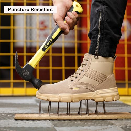 Steel Toe Boots for Men or Women, Slip Resistant Work Boots Steel Toe Shoes Indestructible Tactical Mid Top Safety Shoes for Warehouse Industry Construction - Khaki4