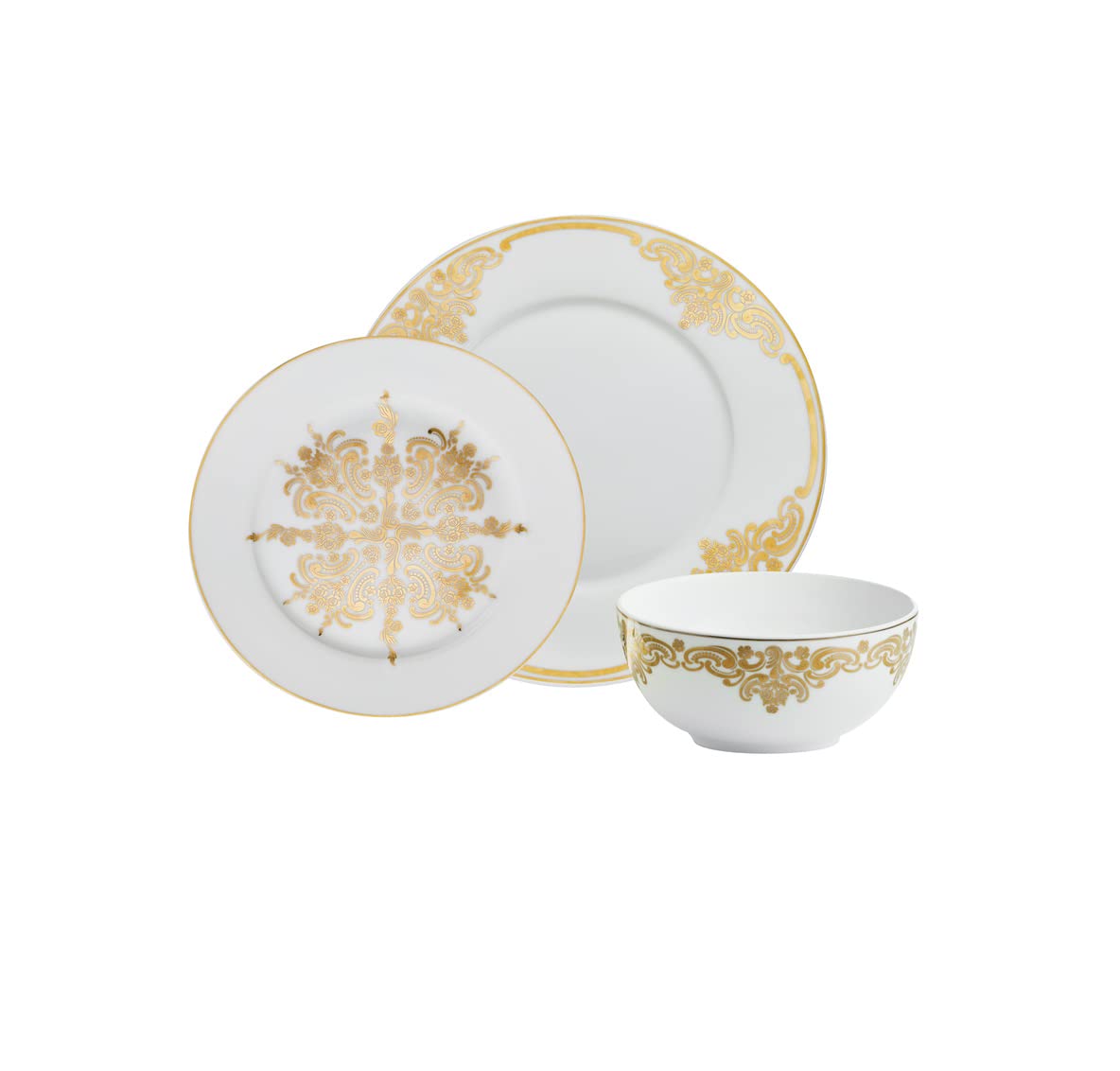 Godinger Dinnerware with Salad/Dessert Plate, Dinner Plate and Bowl, Porcelain 20th Century Baroque 12 Piece Set White