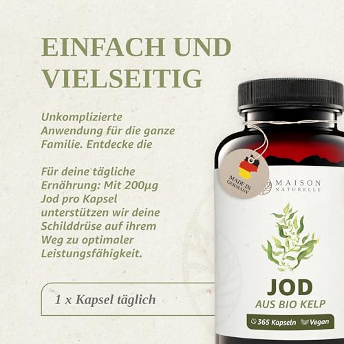 MAISON NATURELLE® JOD aus Bio Kelp (365 Stück) - 100% Kelp Kapseln, Extrakt aus Braunalgen ohne Zusätze – optimal dosiert mit 195 µg natürlichem Jod je Kapsel, Tabletten
