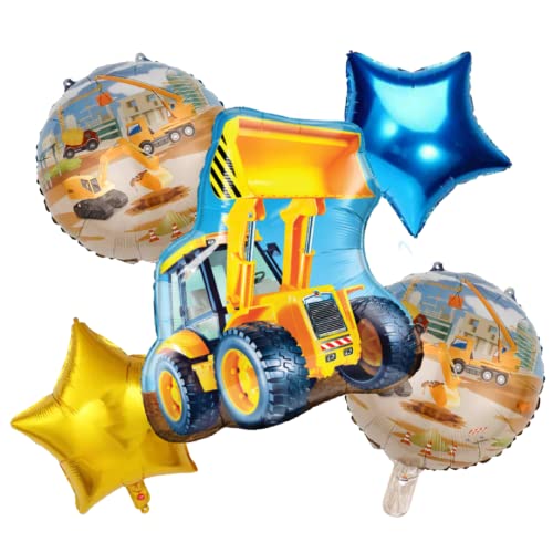 Image of Party Decorz Construction Loader Foil Balloon Set Of 5pcs(1pcs Construction Loader Balloon+ 2pcs Construction Foil Balloon+2pcs Star Balloon) For Vehicles /Transportation /Construction Theme