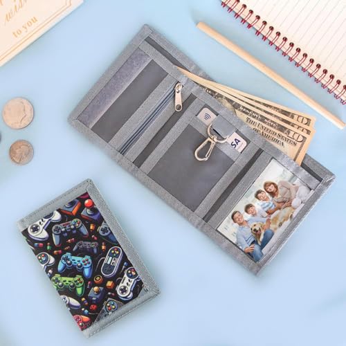 Image of Kids Wallet for Boys Girls Teens Trifold, Canvas Toddler Wallet for Boys, Cute Zipper Wallets Youth with Coin Pocket Card Holders, Novelty Wallets for Childrens Birthday Gifts, Joystick1,