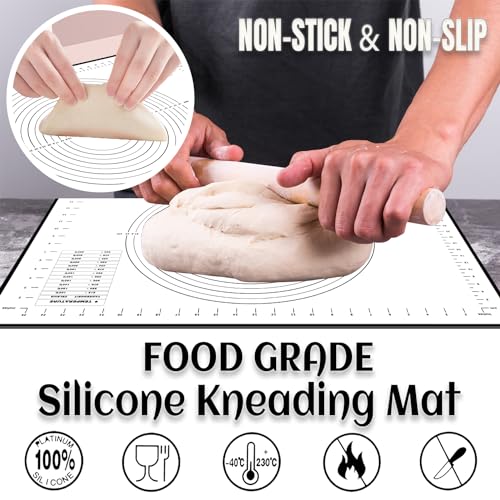 WECUTE Backmatte Silikon 70 x 50 cm Backunterlage Silikon Rutschfeste mit Messung, Wiederverwendbar Fondant Zubehör für Teig, Fondant, Macarons, Kekse (Mit 3 Stück Teigschaber 1 Bürsten) (Schwarz)