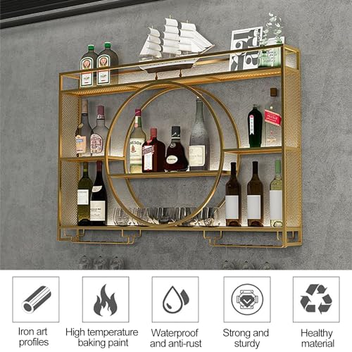 Casier à vin mural noir en fer avec porte-verres et étagères suspendues
