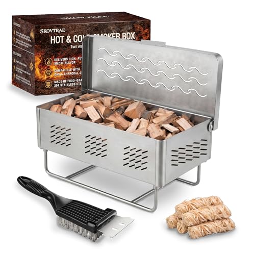 SKOVTRAE Hot & Cold Smoker Box, 304 Stainless Steel BBQ Grill Smoke Box for Gas or Charcoal Grill with Hinged Lid, Infuse Smoky Barbecue Flavor into Meats, Grilling Gift for Men