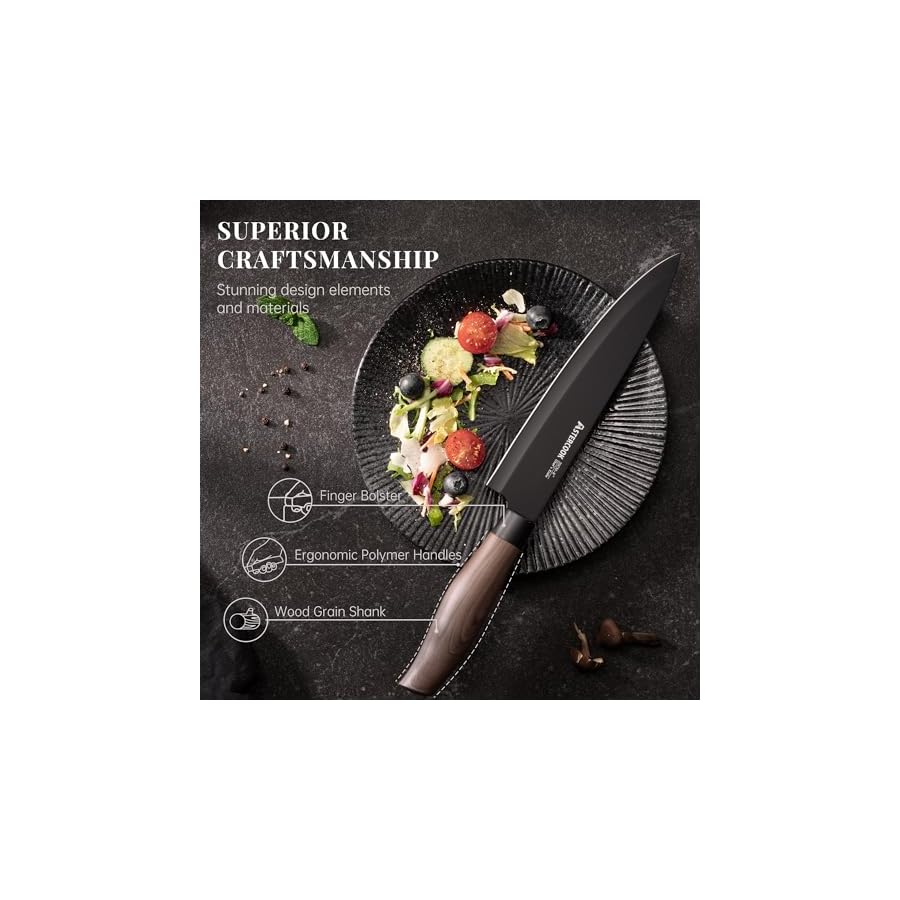 Astercook Knife Set, 6-Piece Kitchen Knife Set with Block, High Carbon Stainless Steel Ultra Sharp Kitchen Knives, Wood Grain Handle, Dishwasher Safe Knife Block Set, Black