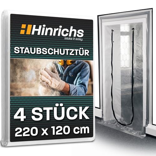 Hinrichs 4x Staubschutztür mit Reißverschluss - 220x120cm - Bautür transparent - Folientür mit Reißverschluss Abdeckfolie Maler - Staubschutz & Schmutzschleuse - reisßfeste Baustellentür