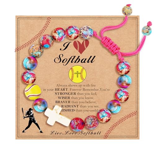 Baseball/Soccer/Volleyball/Basketball/Softball/Football Sports Gifts for Girls Teens Natural Stone Beaded Cross Bracelets Christian Religious Game Day Jewelry Gift