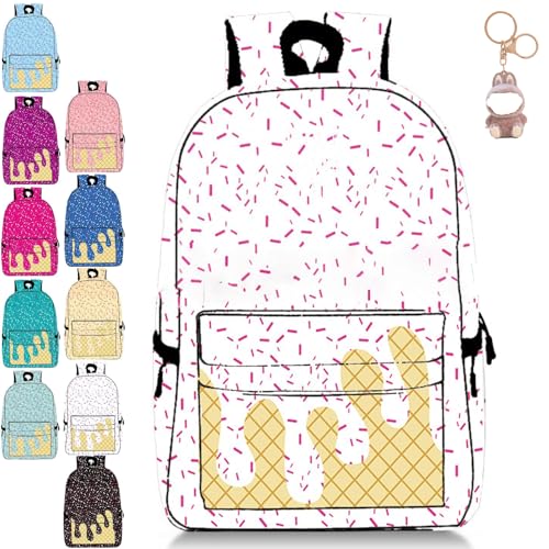 Ice Cream Backpack Kawaii Shoulder Bag with Side Pockets, Cute Lightweight Daypack Daily Use for Boys and Girls (White)