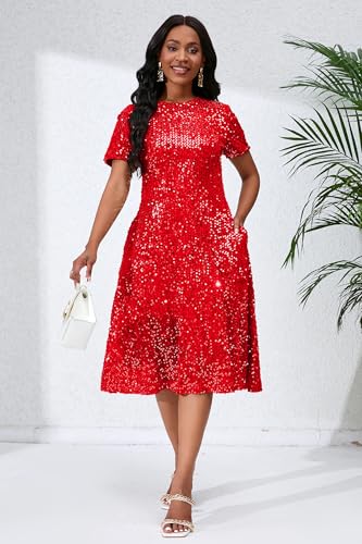 Image of Sequins Glitter Short Sleeve Women's Maxi A-line Dress - Sparkly Party Elegant