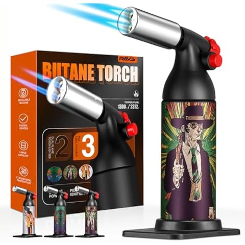 RAVS Dual Flame Butane Torch Lighter, Kitchen Torch Lighter for Creme Brulee With 3 Cool Stickers, Cooking Torch Gun For BBQ, Baking, Soldering. Blow Torch Culinary Torch, Butane is Not Included Cover