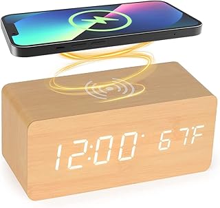 SPORTARC Bedside Wireless Charging Radio Alarm Clock with Dimmable LED Display - Non Ticking Mains Powered Dual Alarm Clock with USB Charger
