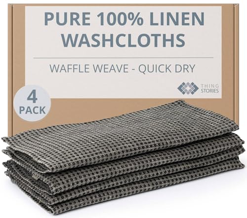 Image of Thing Stories 100% Flax Linen Washcloths - 4-Pack 10x10-inch Reusable Waffle Washcloths - Make up Removers Face Cloth - Black-Natural Waffle Weave Wash Cloths - Small Face Towels for Women