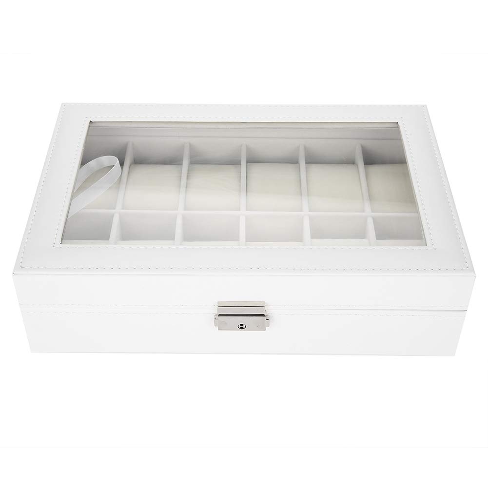 Organizador de relojes de cuero PU con 12 compartimentos, vitrina para relojes de pulsera con tapa de vidrio transparente, caja organizadora de relojes de 12 compartimentos para el