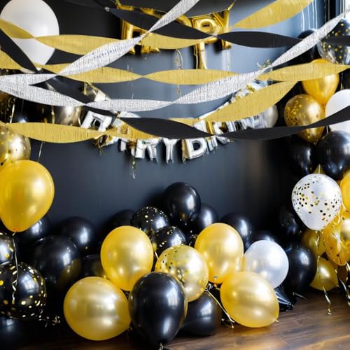 Image of PheiLa Crepe Paper Streamers 6 Rolls 492ft, Black and Gold Crepe Paper Graduation Party Decorations DIY Gift Wrapping Birthday Holiday Party Decor, 1.77 Inch x 82 Ft /Roll