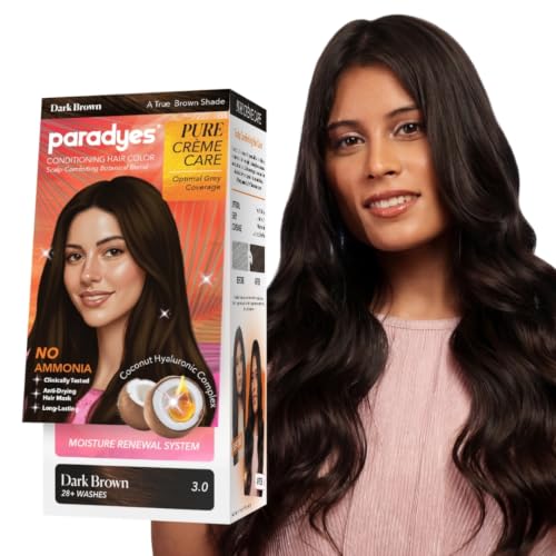 Image of Paradyes Pure Creme Care No Ammonia Hair Color Dark Brown 3.0 | Long-Lasting Creme Formula | Grey Coverage | Coconut Milk + Almond Oil + Hyaluronic Complex | Smooth & Shiny Finish | 120g+40 ml
