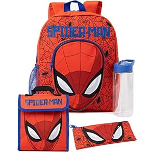 Marvel Spider-Man 4 piezas mochila Set Niños | Niños Niñas Superhéroe Spider Web Máscara Red Rucksack Lunch Bag Pencil Case Botella de agua | Regalos de mochila para el regreso a clases