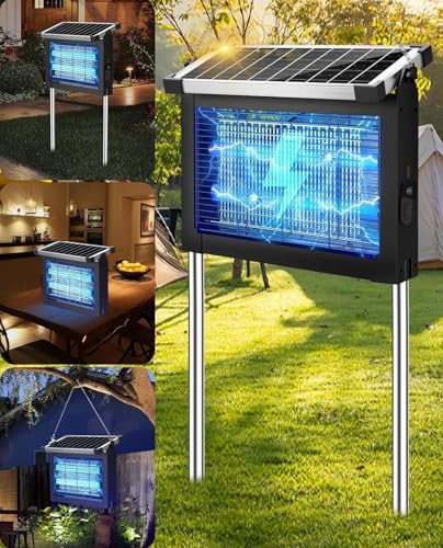 Dnenellr Lampada Antizanzare Solare, Zanzariera Elettrica 4500V da Esterno con Sensore del Pannello, Anti Mosche Elettrico Impermeabile, Ideale per Patio, Giardino e Campeggio (Nero)